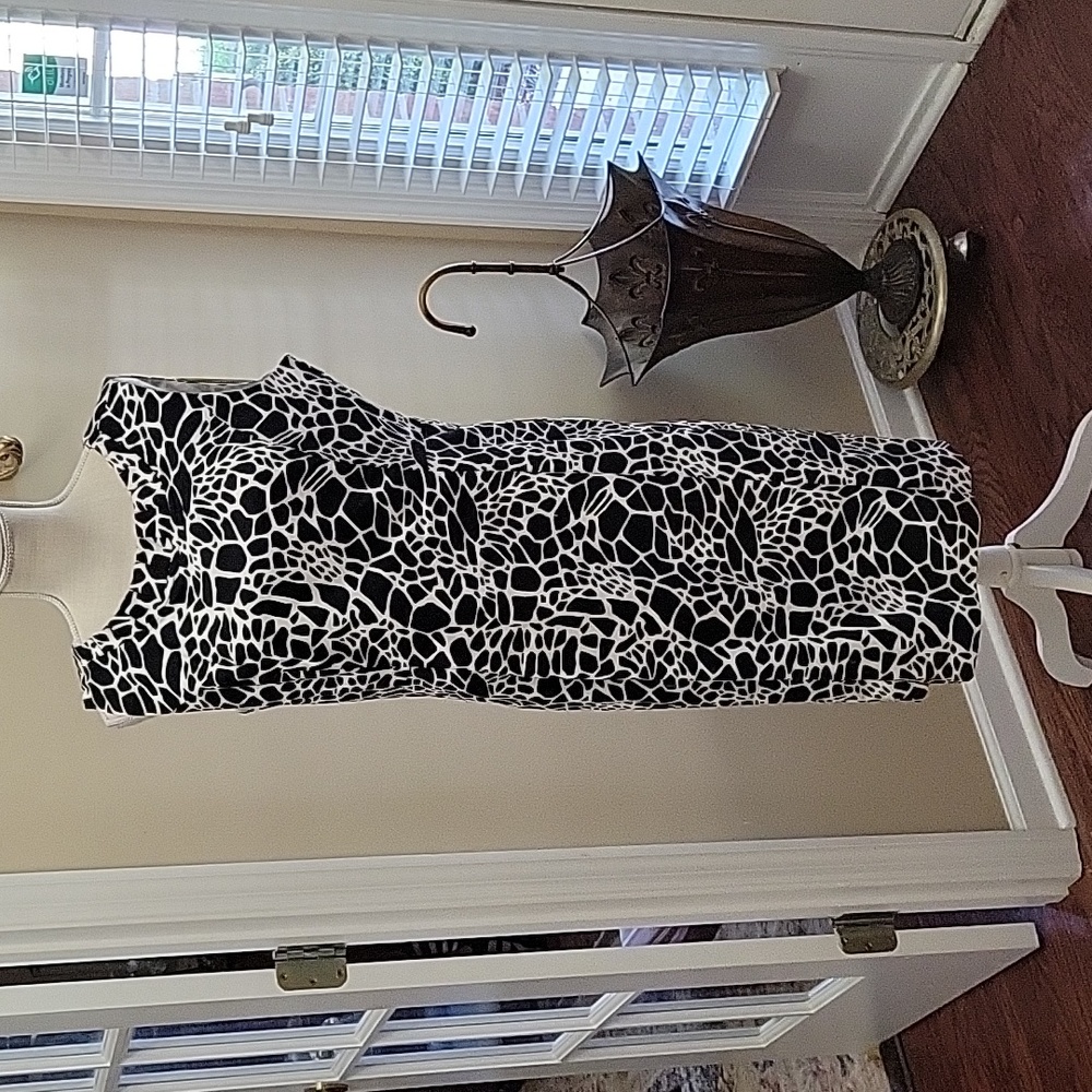 Kim Rogers black white animal print sleeveless dress fully lined stretch 14 NEW…